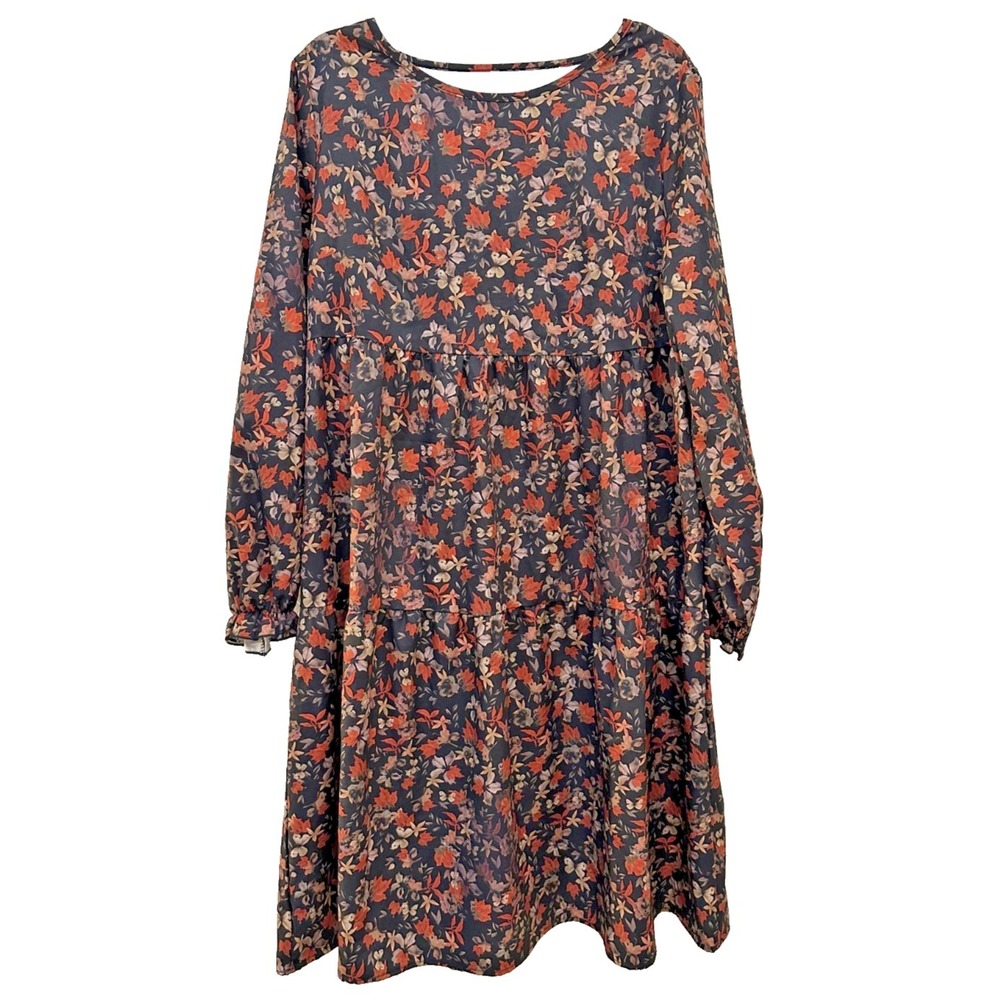 Womans Micro Floral Peasant Midi Dress Size L Tiered Boho Festival Indie Western